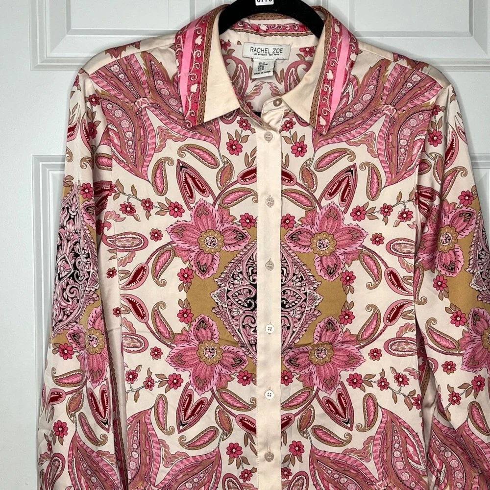 Rachel Zoe Paisley Button Down Blouse Pink Boho Lightweight Medium - Picture 4 of 9